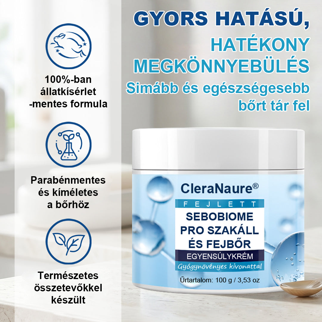 🔥 7 NAP ALATT KORPAMENTES BŐR – CleraNaure® SeboBiome Pro szakáll- és fejbőrkrém 🌱 Csökkenti a viszketést és a korpásodást – zsíros maradványok nélkül!