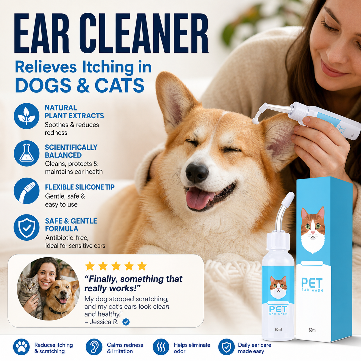 🐶🐱CleraNaure® –Fültisztító, amely enyhíti a kutyák és macskák viszketését